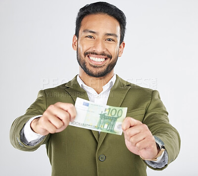 Buy stock photo Happy asian man, portrait and money in finance, savings or investment loan against a white studio background. Businessman smile with cash, euro or bill in financial freedom, profit or salary increase