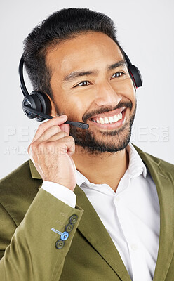 Buy stock photo Happy asian man, call center and headphones in customer service, support or telemarketing against a white studio background. Friendly businessman, consultant or agent smile in online advice or help