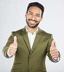 Happy asian man, portrait and thumbs up in thank you, winning or success against a white studio background. Businessman smile with like emoji, yes sign or OK in agreement, good job or approval
