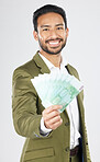 Business man, offer and money for financial success, bonus and investment, profit or loan on a white background. Professional asian person or winner in portrait for savings, cash or lottery in studio