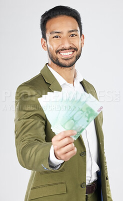 Buy stock photo Business man, offer and money for financial success, bonus and investment, profit or loan on a white background. Professional asian person or winner in portrait for savings, cash or lottery in studio