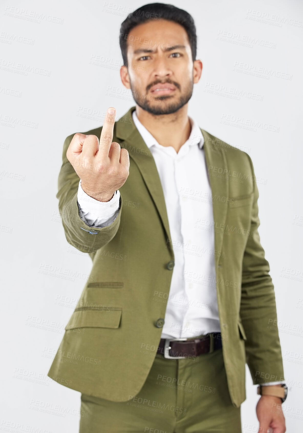 Buy stock photo Business man, middle finger and portrait with angry, conflict and emoji hand sign in studio. Professional, worker and hate with a white background and frustrated with rude and rejection gesture