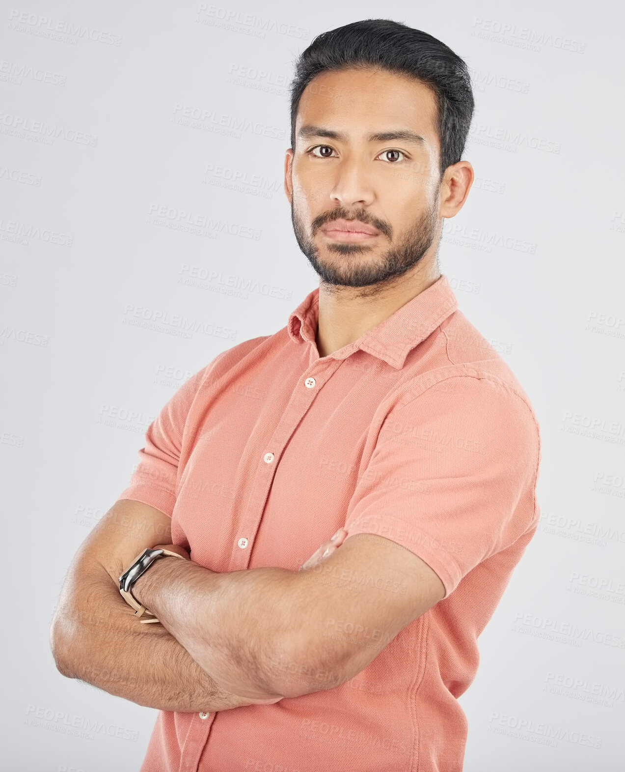 Buy stock photo Portrait, confident and arms crossed with a serious asian man in studio on gray background. Fashion, mindset and pride with a young model posing in a pink shirt for trendy clothes style in Japan