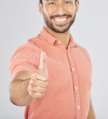 Buy stock photo Happy asian man, portrait and thumbs up in success, winning or good job against a white studio background. Male person smile with like emoji, yes sign or OK in agreement, thank you or approval