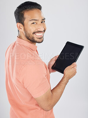 Buy stock photo Smile, tablet and portrait of man search internet with technology isolated in a studio white background. Online, planning and young person or student working on connection or networking on app
