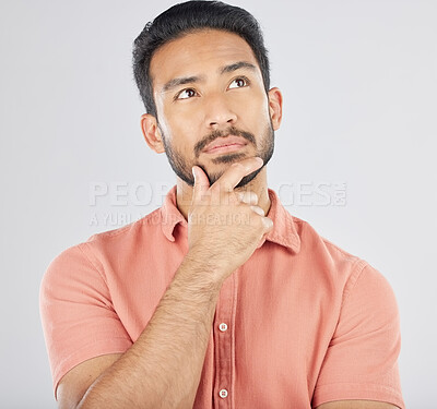 Buy stock photo Thinking, face and asian man in studio for planning, choice or questions on grey background space. Idea, why and Japanese male model confused by decision, brainstorming or problem solving doubt emoji