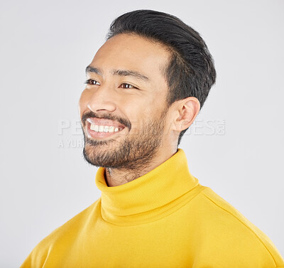 Buy stock photo Man, smile and thinking with future and dream, inspiration and memory isolated on white background. Headshot, ideas and happiness, thoughtful and positivity with brainstorming and mission in a studio