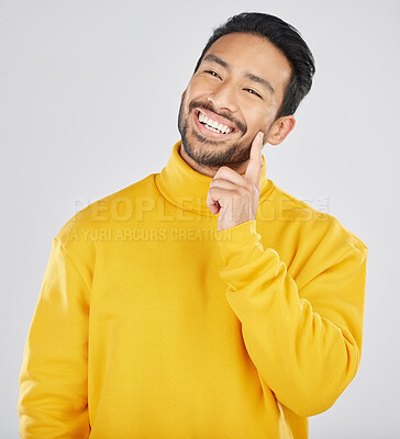Buy stock photo Happy man, smile and thinking with future and dream, inspiration and memory isolated on white background. Planning, ideas and thoughtful with positivity, brainstorming and mission questions in studio