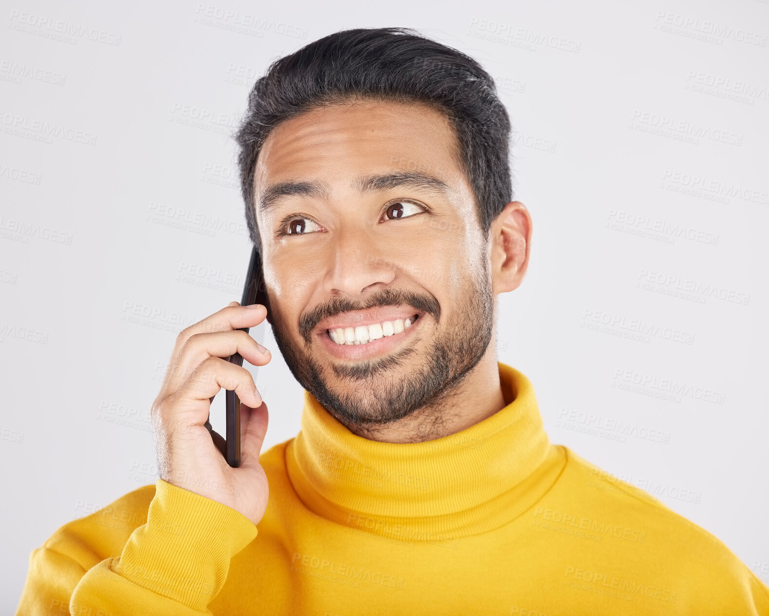 Buy stock photo Phone call, happy and face of man in studio for conversation, chatting and communication. Networking, mockup and isolated person on smartphone for talking, speaking and contact on white background