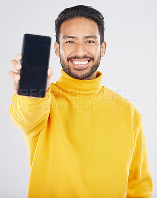 Buy stock photo Phone screen, mockup and man, smile in portrait with advertising and technology isolated on white background. App, website ads and marketing with communication, social media and contact in a studio