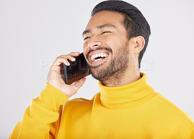 Buy stock photo Phone call, happy and man laugh in studio for funny conversation, chatting and communication. Networking, mockup and isolated person on smartphone talking, speaking and share joke on white background