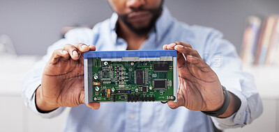 Buy stock photo Circuit board, hands and technician with computer hardware, man in office with maintenance and electronics upgrade. Closeup, motherboard and CPU, engineering and electric repair with technology