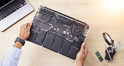 Buy stock photo Motherboard, hands and technician with computer hardware, person in office with maintenance and electronics upgrade. Top view, circuit board and CPU, engineering and electric repair with technology