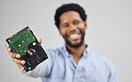 Black man, circuit board in hand and computer hardware, technician with maintenance and electronics upgrade. Motherboard, closeup and CPU, engineering and electric repair with technology and digital