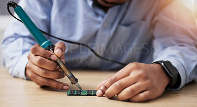 Buy stock photo Hands, soldering and circuit board, computer hardware fix with technician person, maintenance and electronics upgrade. Tools, motherboard and CPU, engineering and electric repair with technology