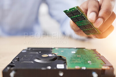 Buy stock photo Motherboard, microchip and engineering hand closeup with electric maintenance of circuit board. Developer, IT and dashboard for electrical hardware update and technician with information technology
