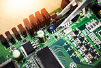 Motherboard, microchip tweezer and engineering closeup with electric maintenance of circuit board. Developer, IT and dashboard for electrical hardware and technician tools for information technology