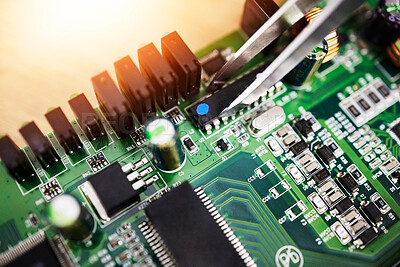 Buy stock photo Motherboard, microchip tweezer and engineering closeup with electric maintenance of circuit board. Developer, IT and dashboard for electrical hardware and technician tools for information technology