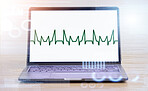 Laptop, software and screen, code and information technology, heartbeat and cybersecurity with programming. Dashboard, update and tech health, safety and coding with graph and data protection overlay