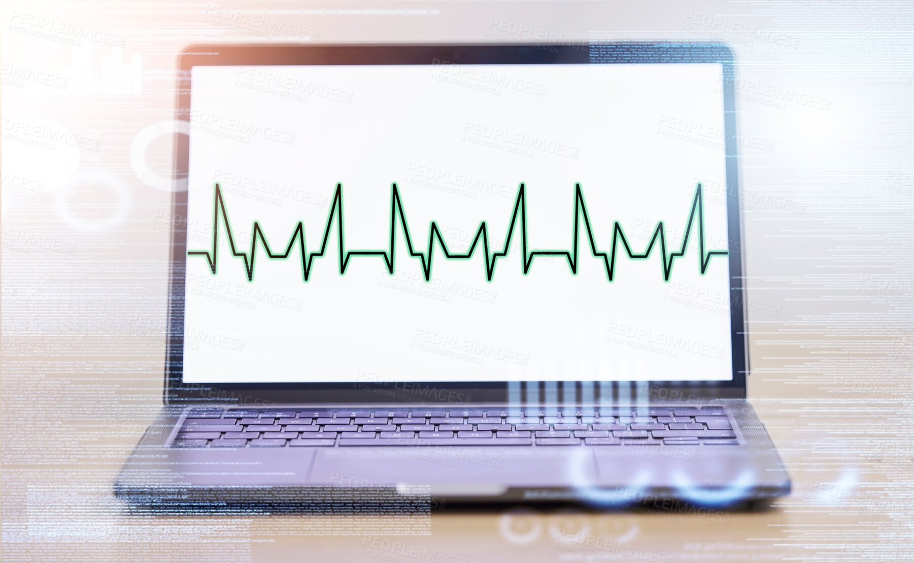 Buy stock photo Laptop, software and screen, code and EKG, information technology with heartbeat and cybersecurity programming. Dashboard, update and tech health, safety and coding, graph and data protection overlay