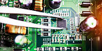 Motherboard, microchip closeup and engineering tweezer with electric maintenance of circuit board. Developer, IT and dashboard for electrical hardware update and technician tools for technology