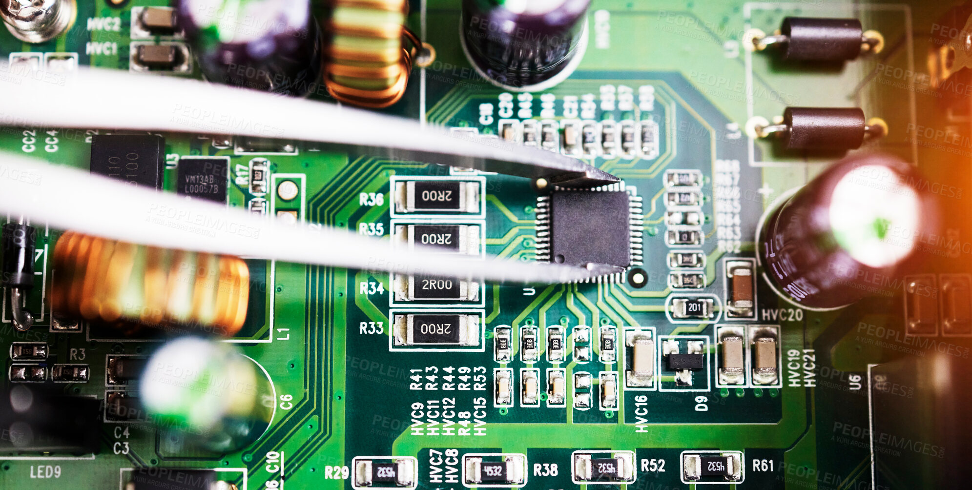 Buy stock photo Motherboard, microchip closeup and engineering tweezer with electric maintenance of circuit board. Developer, IT and dashboard for electrical hardware update and technician tools for technology