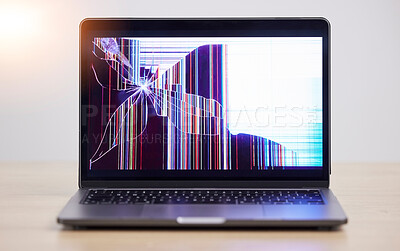 Buy stock photo Screen crack, glitch and laptop problem with error, mistake and system warning with tech break. Isolated, computer and  desktop failure from monitor damage and software crash with broken display 