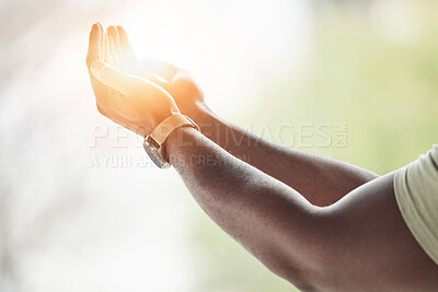 Buy stock photo Prayer, light or hands of man for worship, faith and belief for support, help and hope in Christian religion. Praying, closeup or person in meditation for spiritual healing, mercy or trust for praise