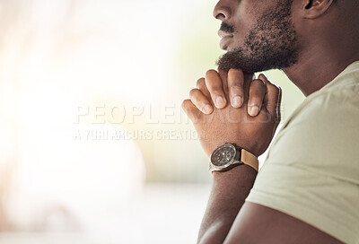 Buy stock photo Prayer, religion and hands of man for worship, faith and belief for support, help and hope. Mockup space, praying and closeup of person in home for meditation, spiritual healing and trust for praise