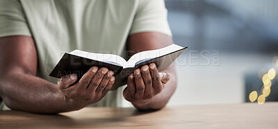 Buy stock photo Bible, reading and man hands with book learning for religion study at home for worship and spiritual support. Faith, christian knowledge and person with gratitude, scripture education and guidance