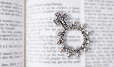 Buy stock photo Rosary, open book or bible study for worship, religion or mindfulness with holy spiritual scripture. Christian literature, background or history education or knowkedge guide on God or Jesus Christ