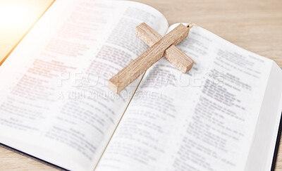 Buy stock photo Bible, cross and religion, Christian and worship, faith and God with studying scripture closeup. Jesus Christ, prayer and spiritual, holy book and praise with crucifix for healing and gospel