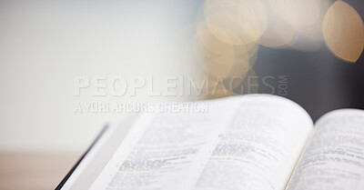 Buy stock photo Closeup, bible or book for faith, studying religion and mindfulness with holy spiritual scripture. Christian literature, background or learning story for education or knowkedge on God or Jesus Christ
