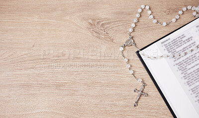 Buy stock photo Bible, cross and religion, Christian and God with worship, studying scripture and rosary beads. Jesus Christ, prayer and spiritual, holy book and praise with top view, gospel and mockup space