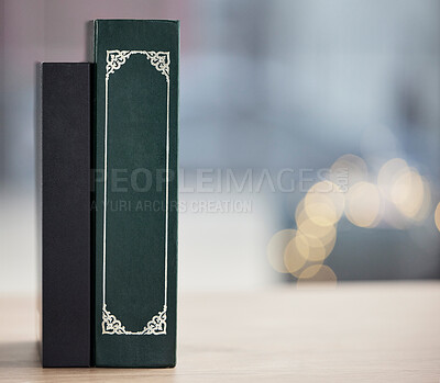 Buy stock photo Bible on table, mockup space and bokeh for religion, reading and study in faith education. Holy books, desk and spiritual for learning, gospel knowledge and information to worship on a background