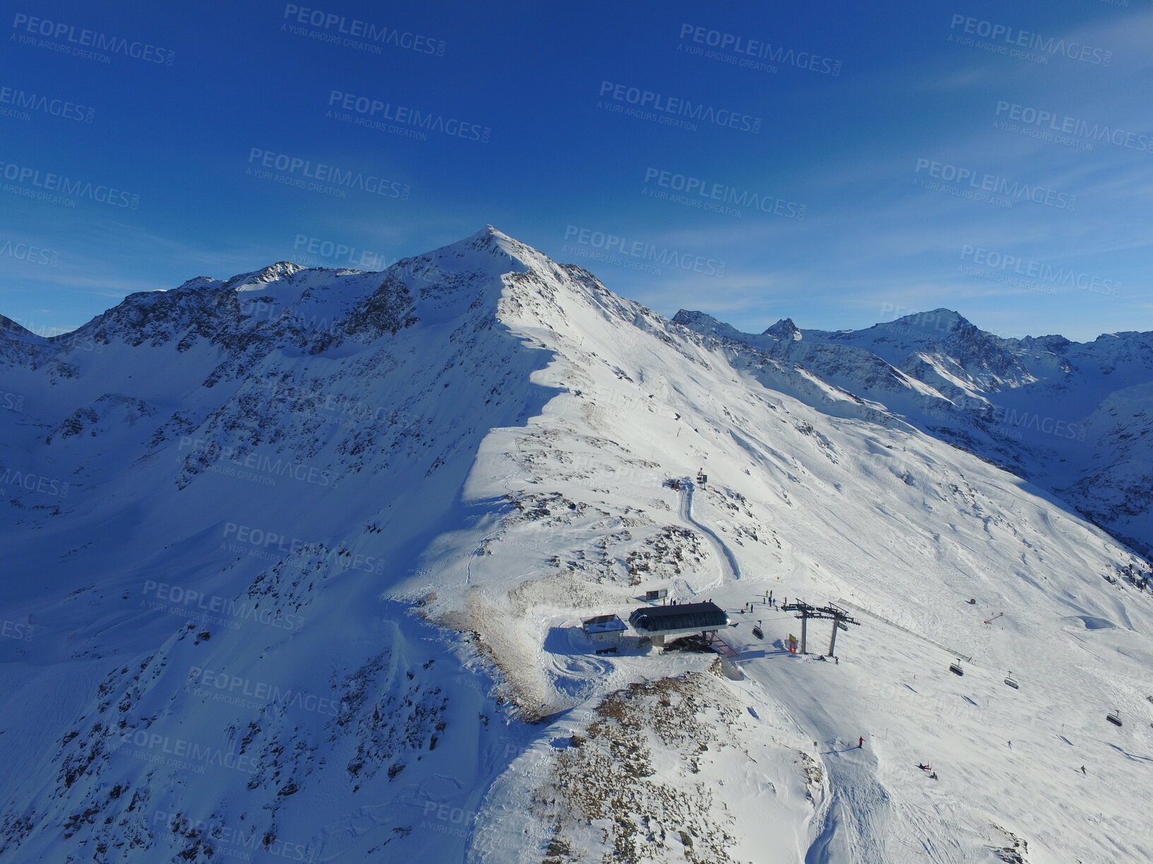 Buy stock photo Mountain, ski and the Swiss Alps in winter snow for travel, holiday or vacation with a view of nature. Environment, landscape and weather in a remote location during the cold season in Switzerland