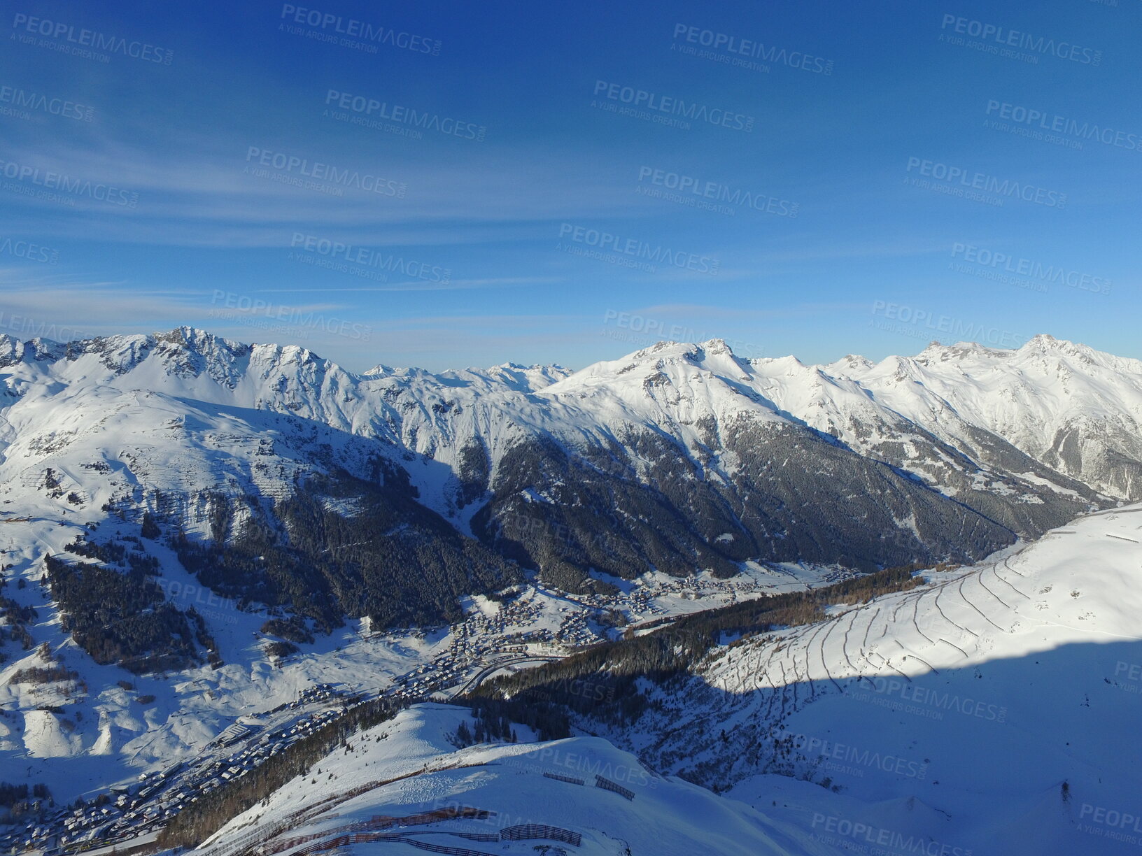 Buy stock photo Mountains, snow and nature with landscape and adventure, travel and blue sky with winter, Earth and scenery. Arctic, alps and mockup space, cold environment and snowy land with hiking path and cliff