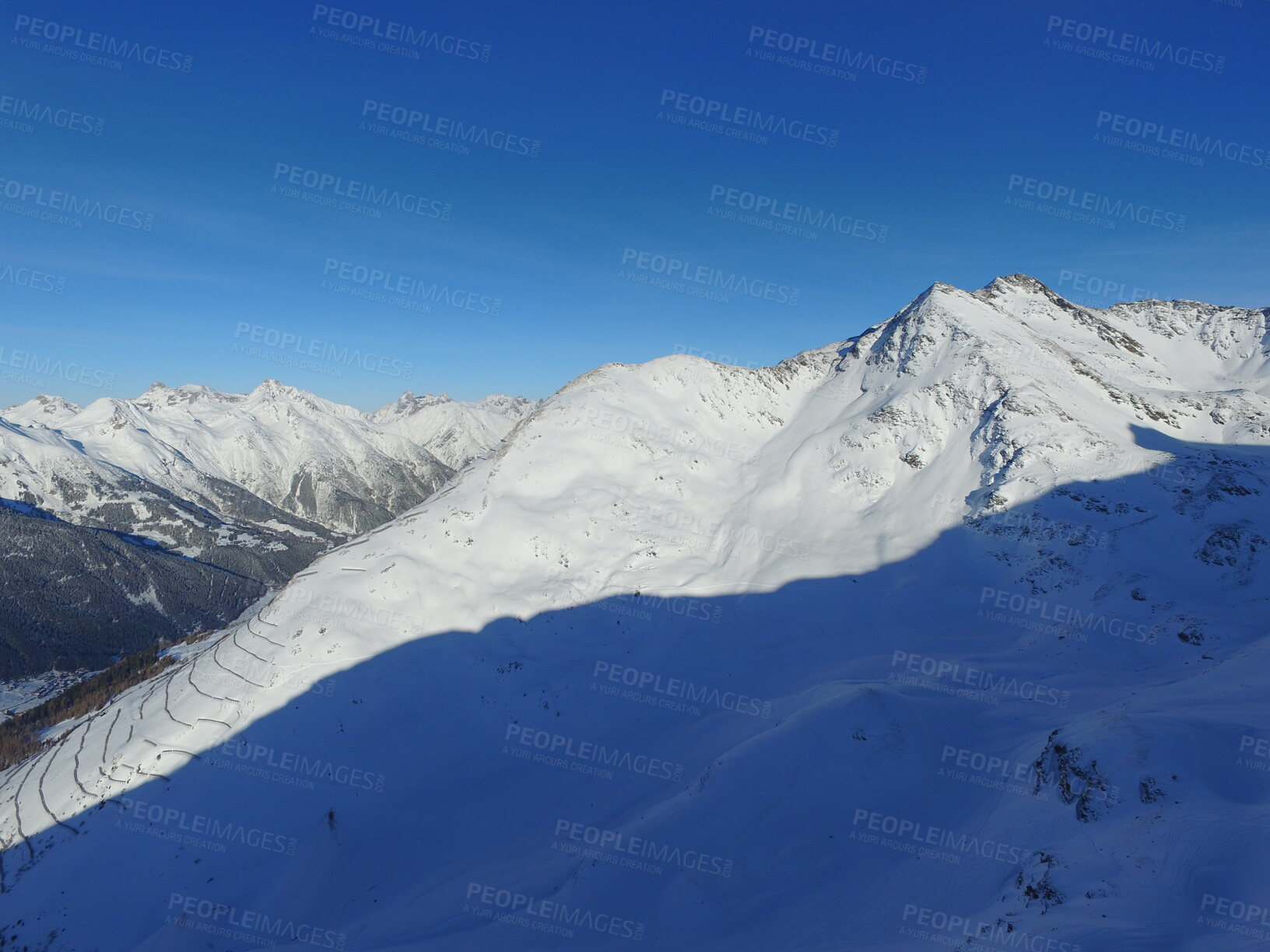 Buy stock photo Mountain, snow and the Swiss Alps in winter for adventure, holiday or vacation with a view of nature. Environment, landscape and travel in a remote location during the cold weather season in Europe