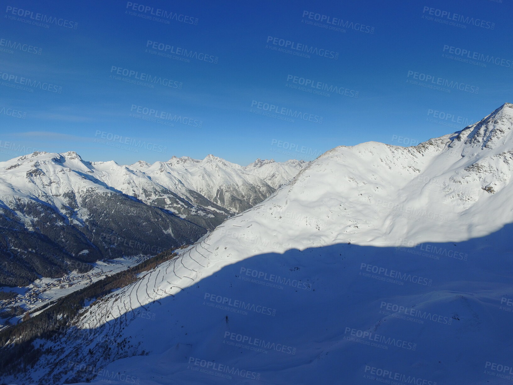 Buy stock photo Mountain, snow and the Swiss Alps landscape for travel, holiday or vacation with a view of nature. Environment, winter and adventure in a remote location during the cold weather season in Europe