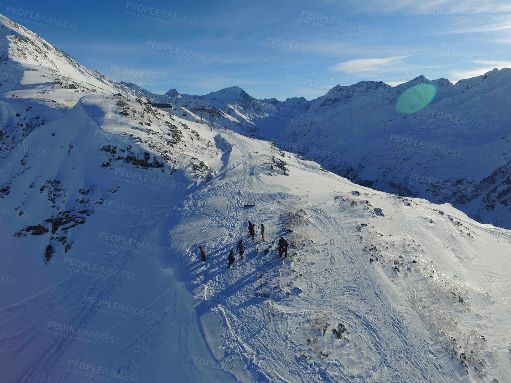 Buy stock photo Morning, people and mountains with snow in the winter for travel, climbing and hiking. Outdoor, ski and the view of a natural environment with a blue sky in the Alps in Europe for adventure on rocks