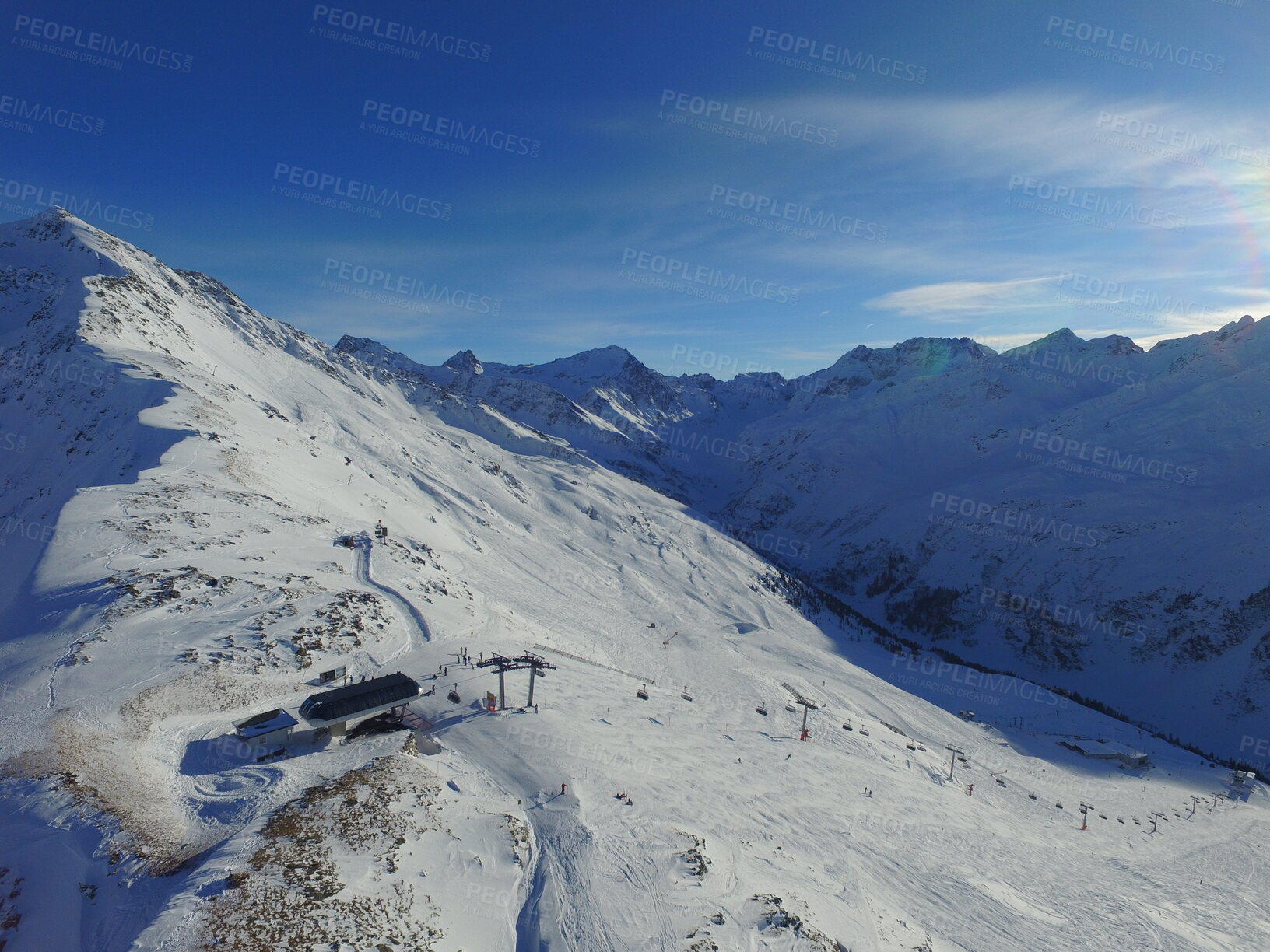 Buy stock photo Mountain, snow and the Swiss Alps in winter for travel, holiday or vacation with a view of nature. Environment, landscape and adventure in a remote location during the cold weather season in Europe