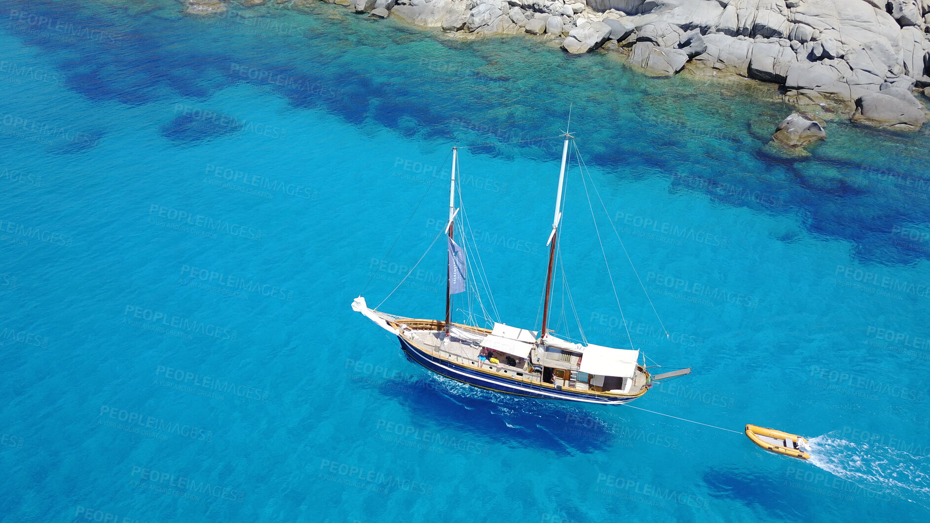 Buy stock photo Boat, sailing in blue water and summer sun on ocean holiday, relax in freedom and nature. Yacht vacation, aerial of travel and tropical cruise on adventure to Greek island with sunshine, fun and sea.