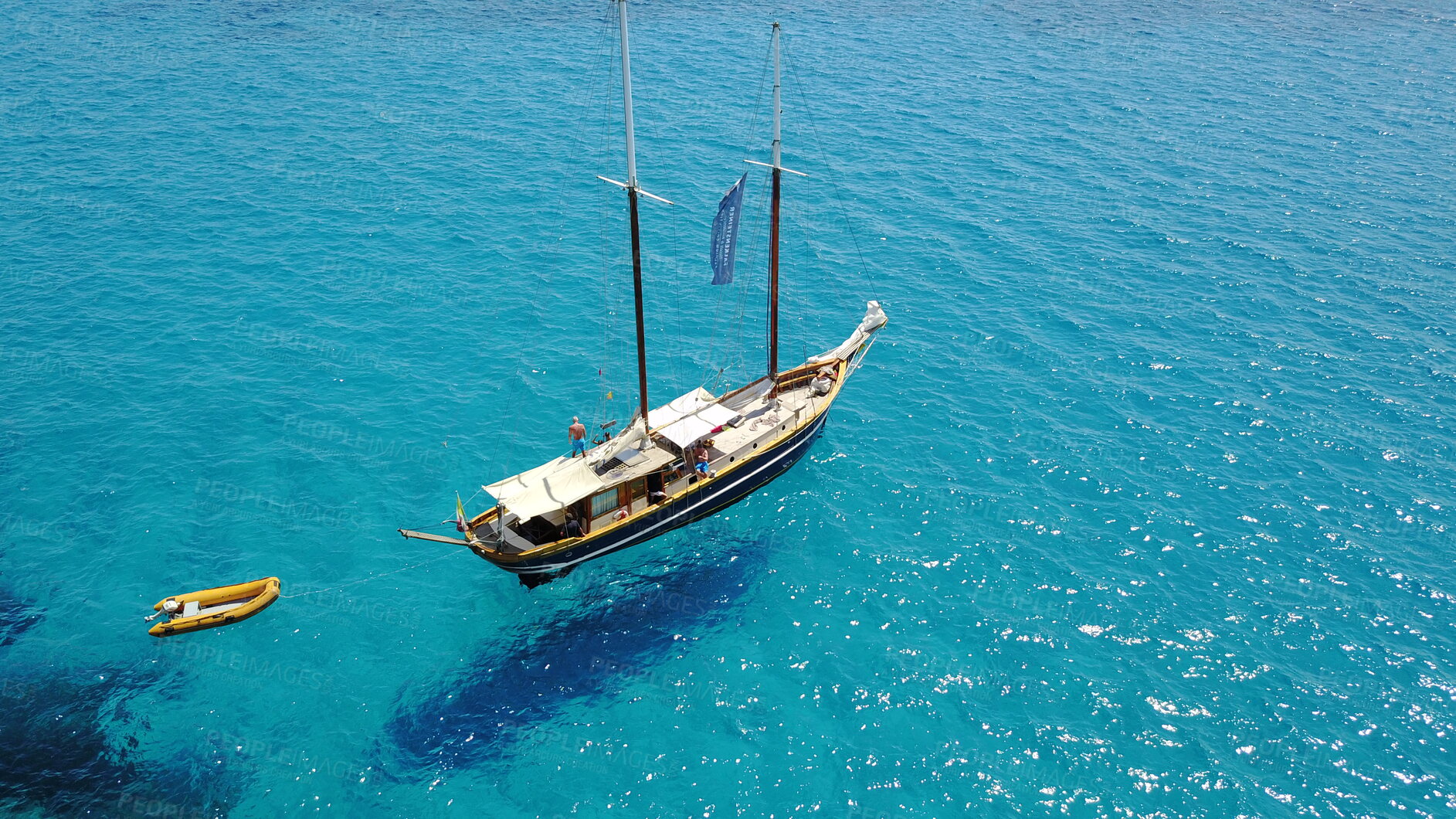 Buy stock photo Yacht, sailing in Croatia and sun on ocean holiday, relax in freedom and nature with clean blue water from above. Boat vacation, travel in summer and tropical cruise on sea adventure with island fun.