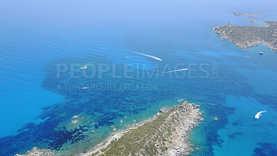 Buy stock photo Ocean, landscape and above island in water, sea or view of coral reef in tropical Mexico, travel or summer adventure. Aerial, drone and cruise to land with beach, boat and blue world or nature