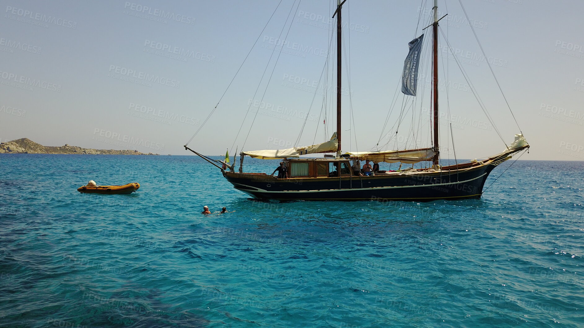 Buy stock photo Yacht, sailing in Greece and summer on ocean holiday, relax in freedom and nature on blue water. Boat vacation, travel in sun and tropical cruise on sea adventure to island coast in beach transport.