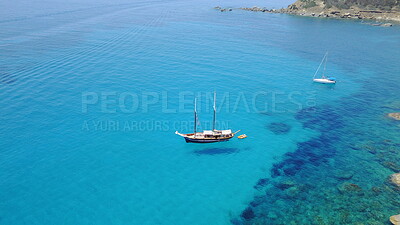 Buy stock photo Boat on blue water, sailing in Croatia and summer sun on ocean holiday, relax in freedom and nature seascape. Yacht vacation, fun travel and tropical cruise on sea adventure to aerial island coast.