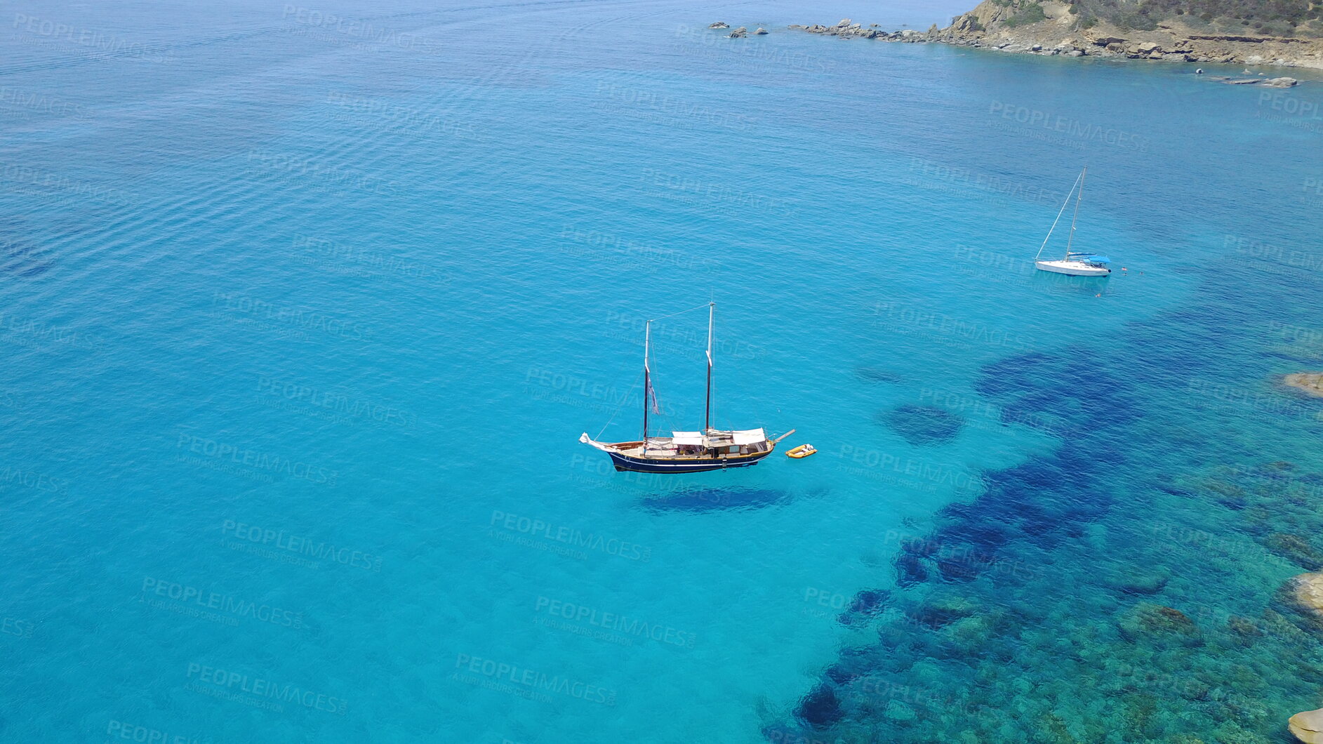 Buy stock photo Boat on blue water, sailing in Croatia and summer sun on ocean holiday, relax in freedom and nature seascape. Yacht vacation, fun travel and tropical cruise on sea adventure to aerial island coast.