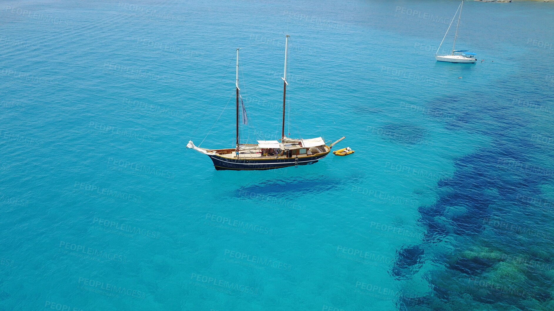Buy stock photo Yacht, sailing in Croatia and summer on ocean holiday, relax in freedom and nature on blue water. Boat vacation, travel in sun and tropical cruise on sea adventure to island coast in beach transport.