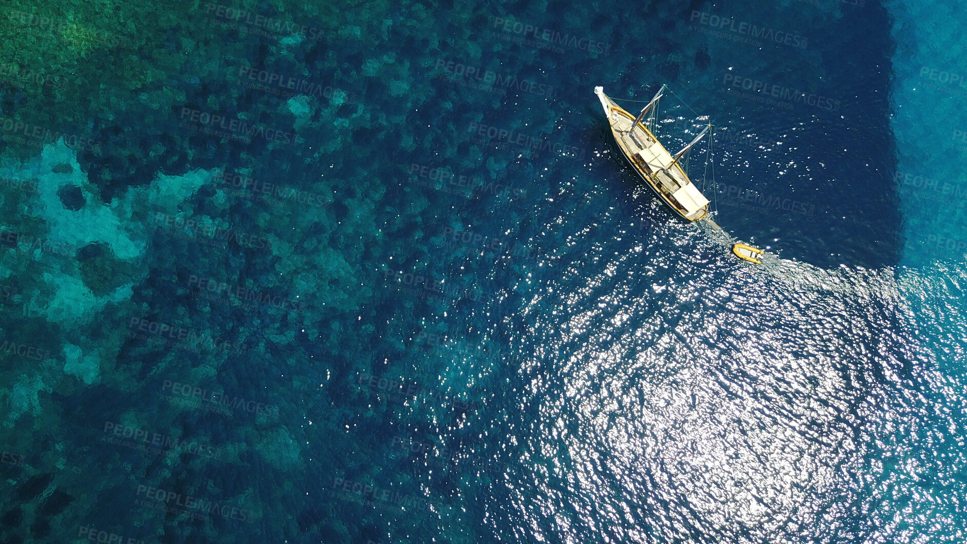 Buy stock photo Aerial, boat and sailing in water, summer on ocean holiday and relax in freedom with nature from above. Yacht vacation, travel in Croatia and tropical cruise on sea adventure to island in sunshine.