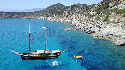 Buy stock photo Boat, sailing in Greece and sun on ocean holiday, relax in freedom and nature with clean blue water. Yacht vacation, travel in summer and tropical cruise on fun sea adventure with island beach coast.